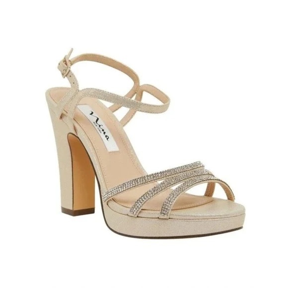 Saralyn Metallic Rhinestone Ankle Strap Platform Block Heel Sandals - Picture 1 of 10
